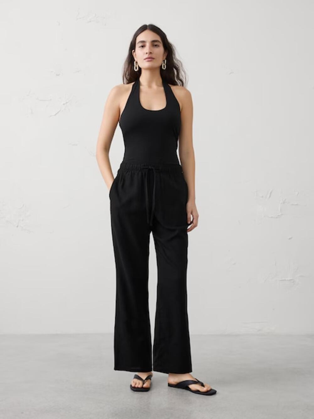 Banana Republic Pull On Mid-Rise Drawstring Straight Pants Black Women's Small
